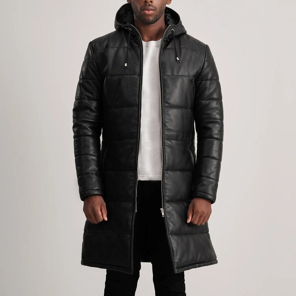 Floyd Black Hooded Leather Puffer Coat