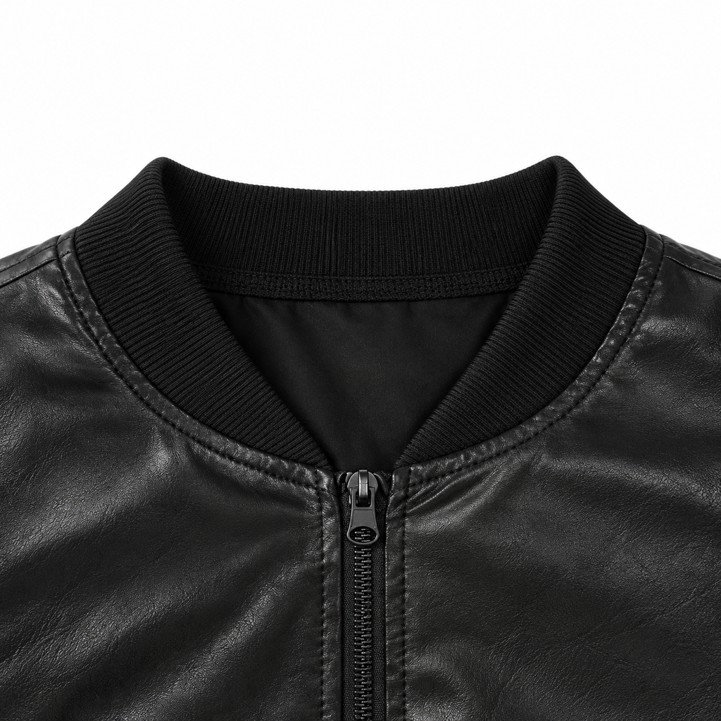 Men’s Black Faux Leather Bomber Jacket – Zip-Up Autumn Jacket