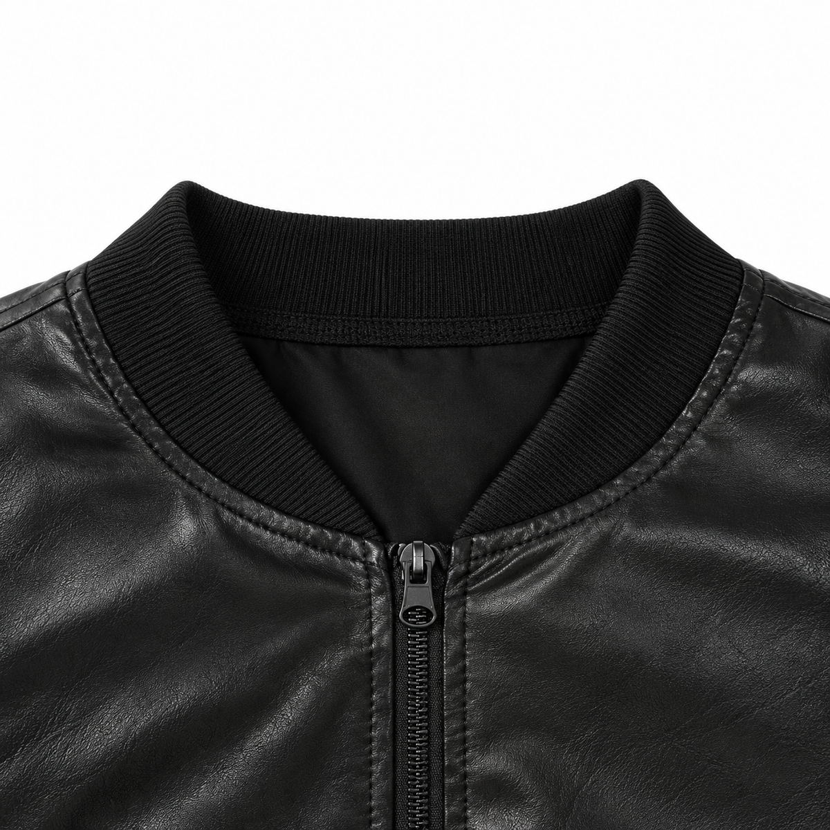 Men’s Black Faux Leather Bomber Jacket – Zip-Up Autumn Jacket