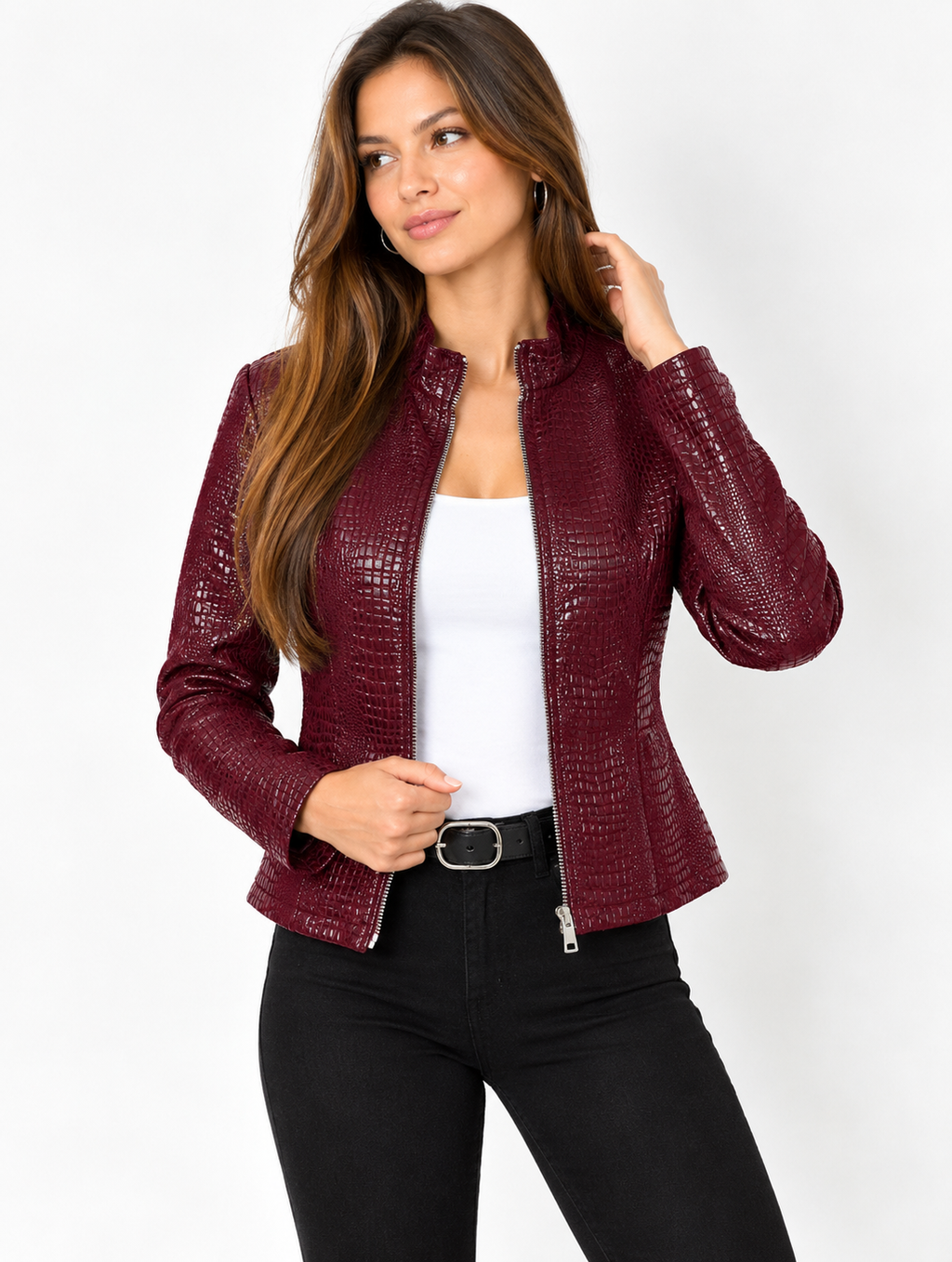 Burgundy Croc Texture Faux Leather Jacket, Women's Slim Fit Zip-Up Jacket with Stand Collar