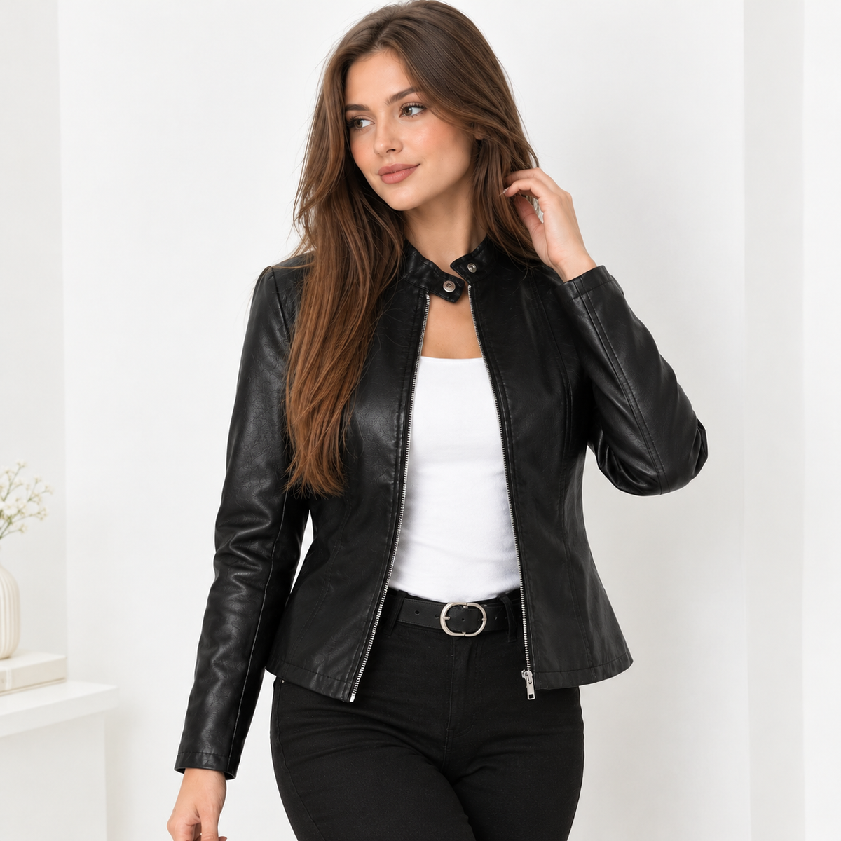 Women's PU Leather Jacket – Casual Zip-Up Long Sleeve Biker Jacket