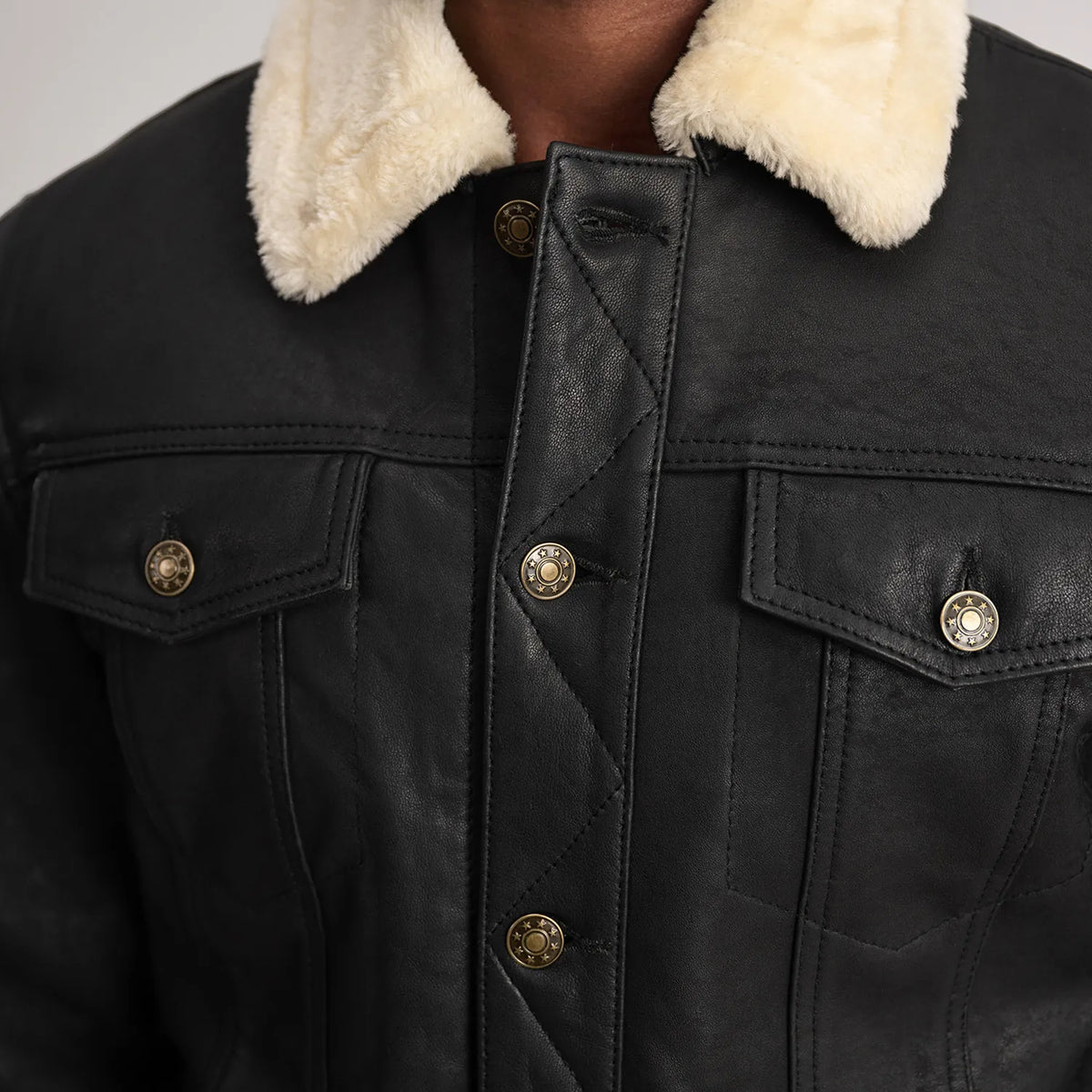 Dallis Distressed Black Leather Shearling Trucker Jacket