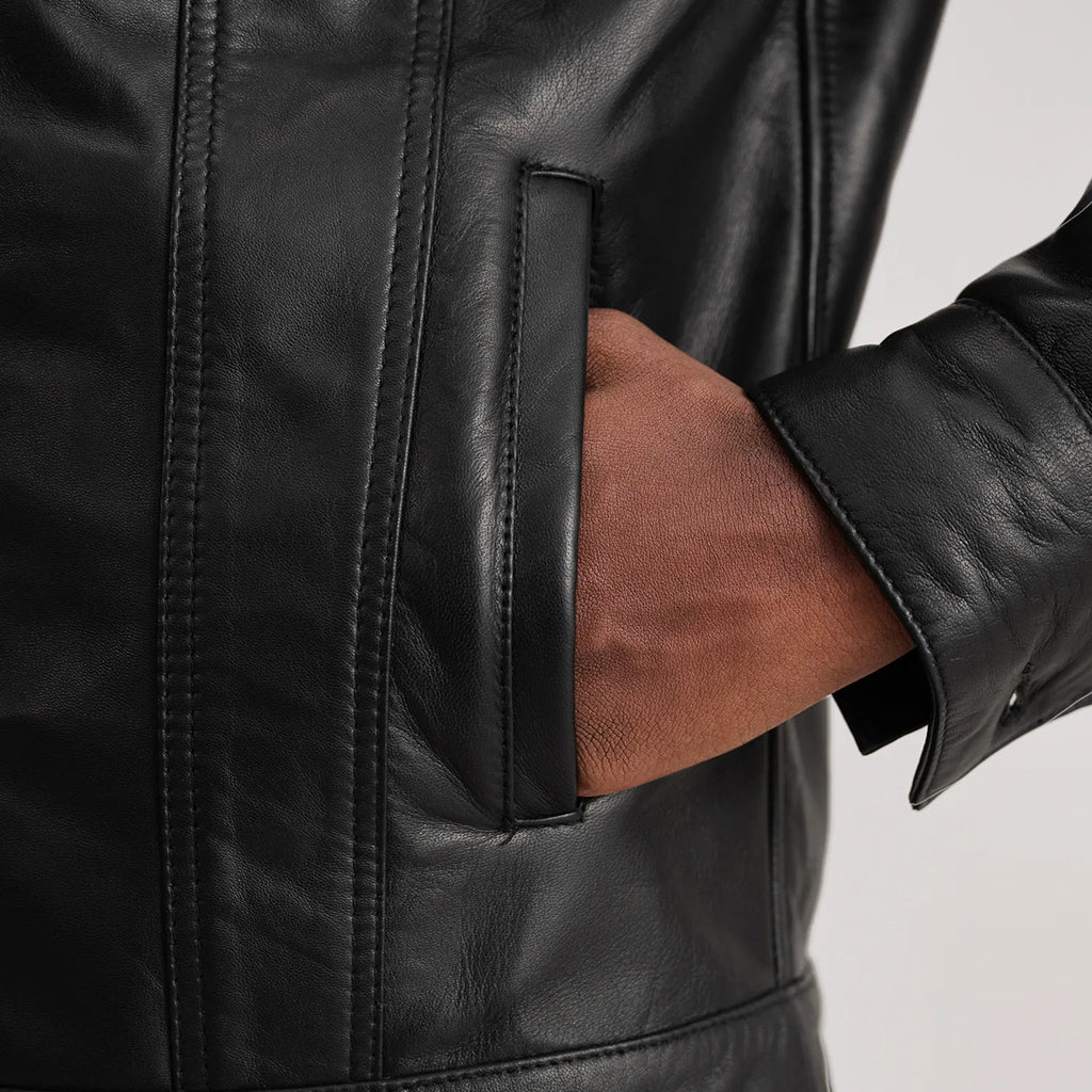 Dallis Black Leather Shearling Trucker Jacket
