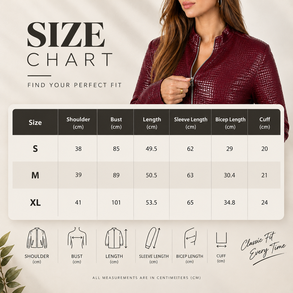 Burgundy Croc Texture Faux Leather Jacket, Women's Slim Fit Zip-Up Jacket with Stand Collar