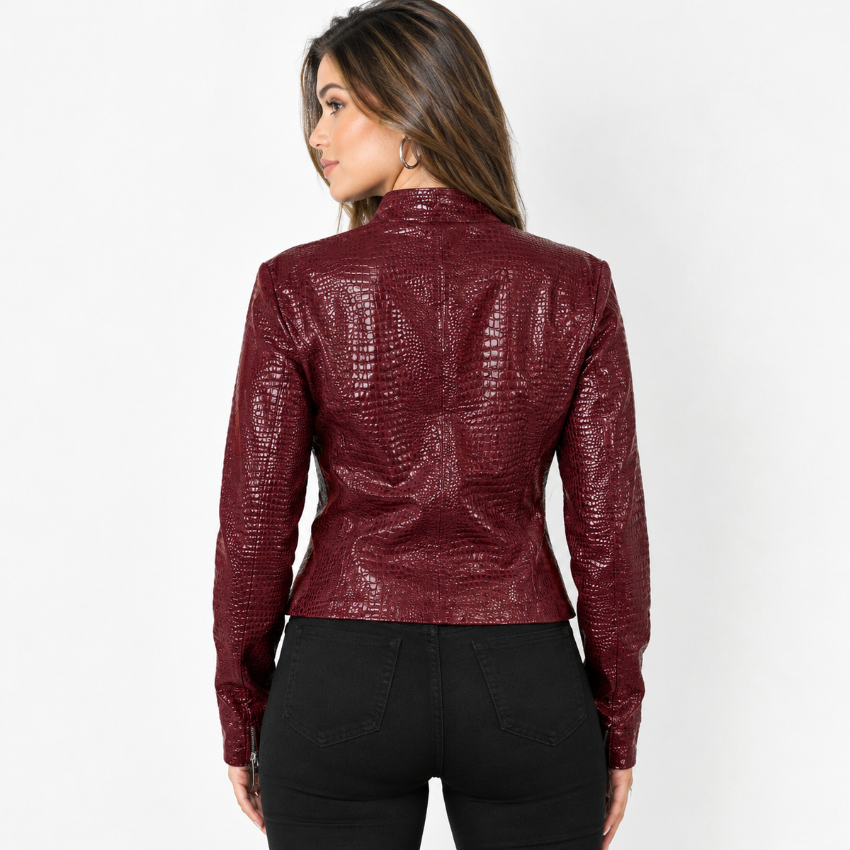 Burgundy Croc Texture Faux Leather Jacket, Women's Slim Fit Zip-Up Jacket with Stand Collar