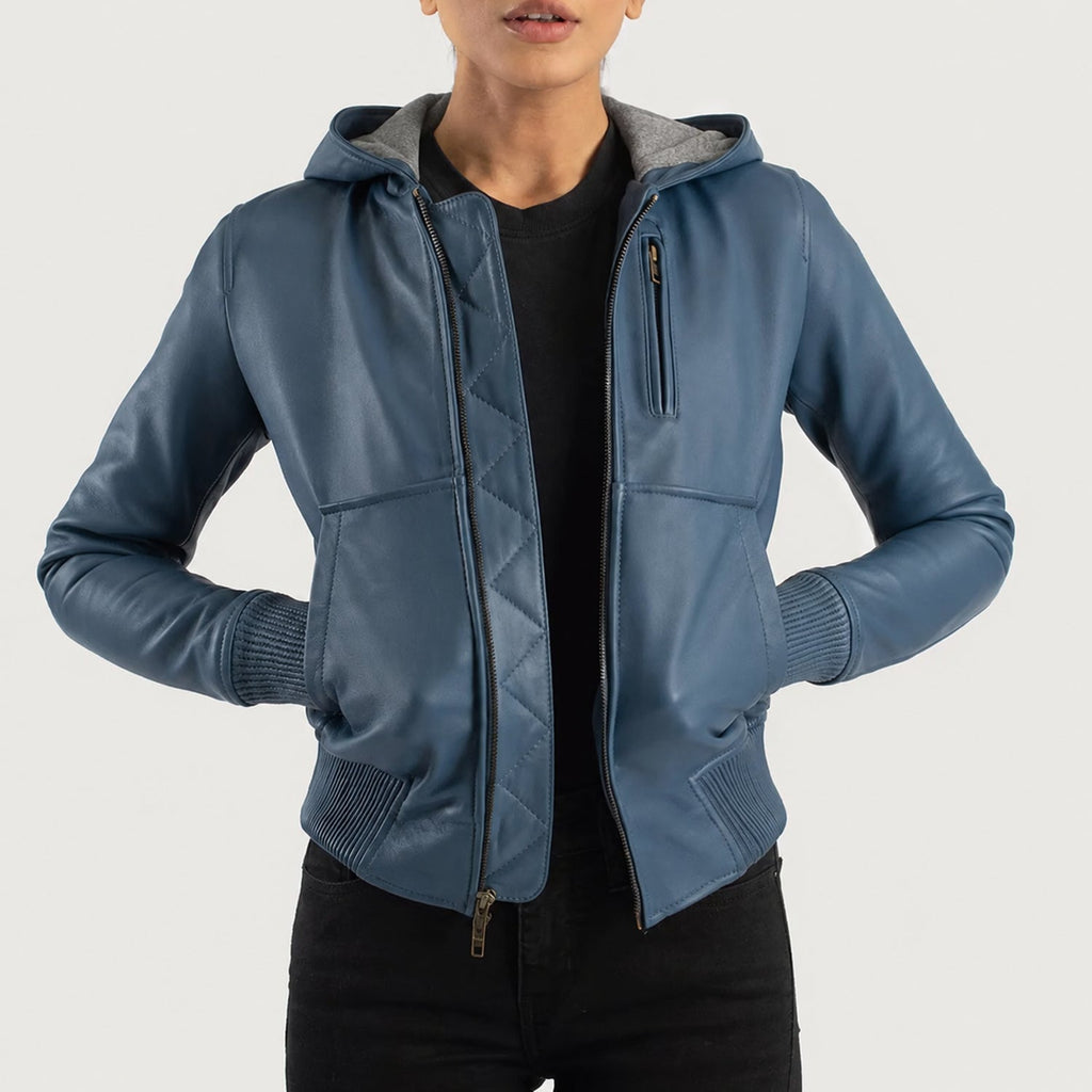 Luna Blue Hooded Leather Bomber Jacket