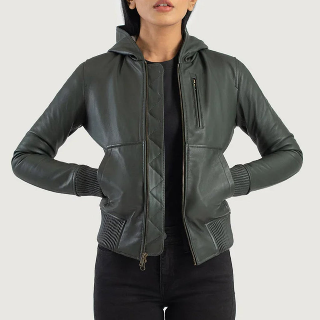 Luna Green Hooded Leather Bomber Jacket