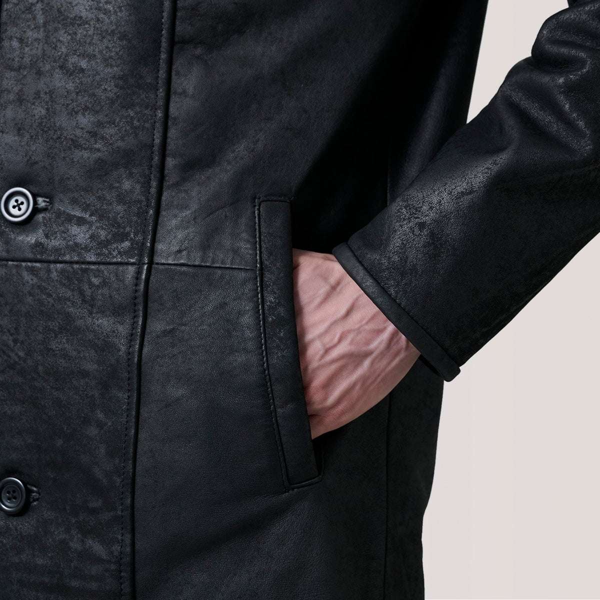 Cai Distressed Black Leather Shearling Coat