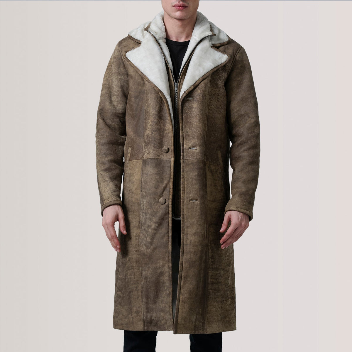 Cai Distressed Brown Leather Shearling Coat