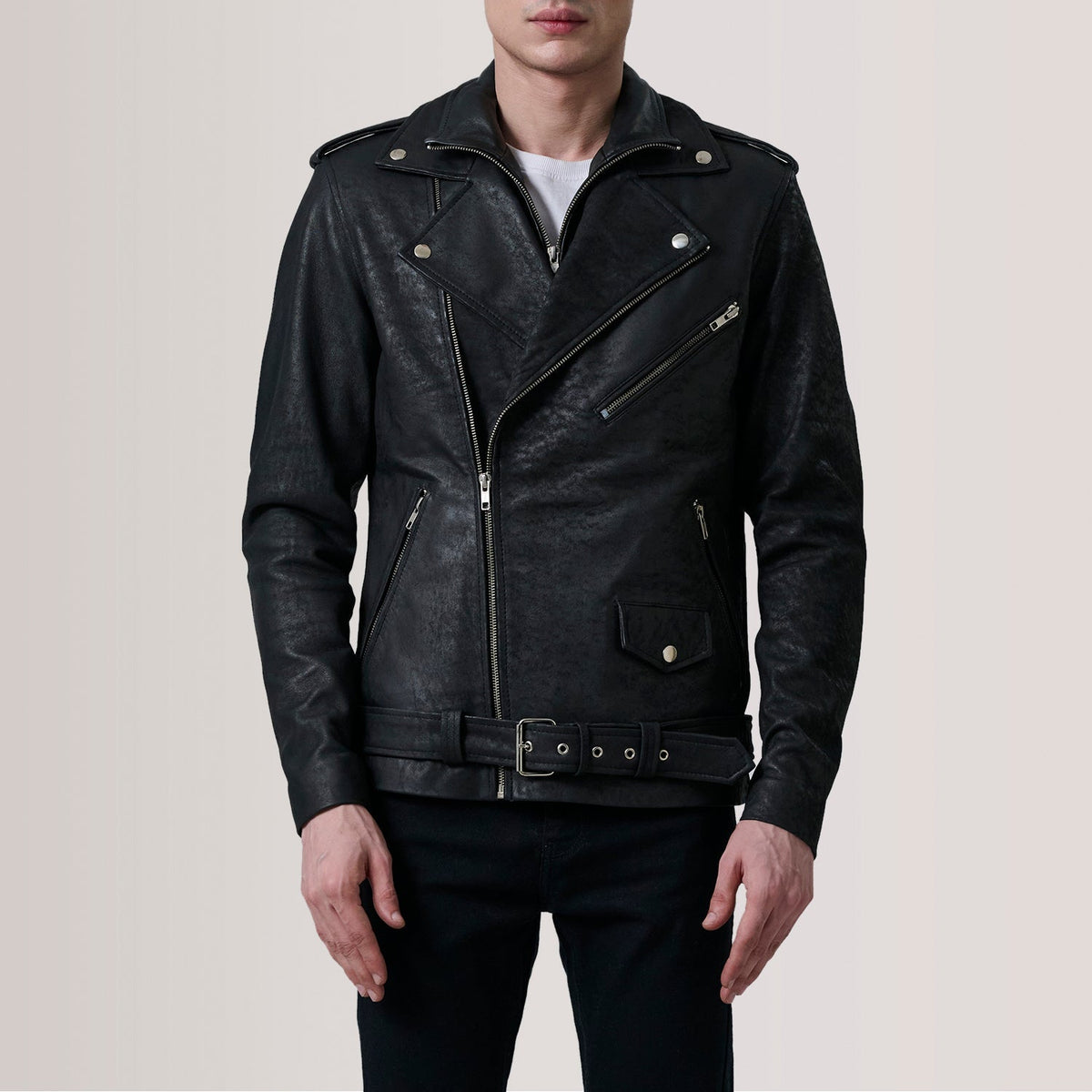 Kole Distressed Black Leather Double Rider Jacket