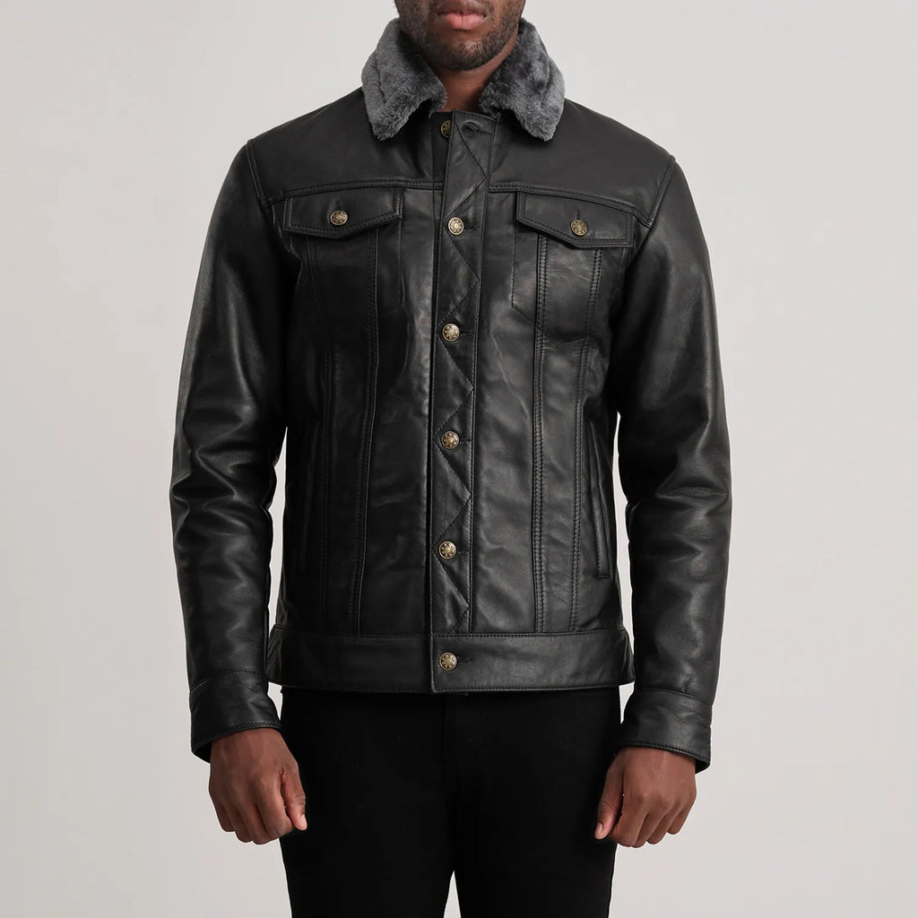 Dallis Black Leather Shearling Trucker Jacket