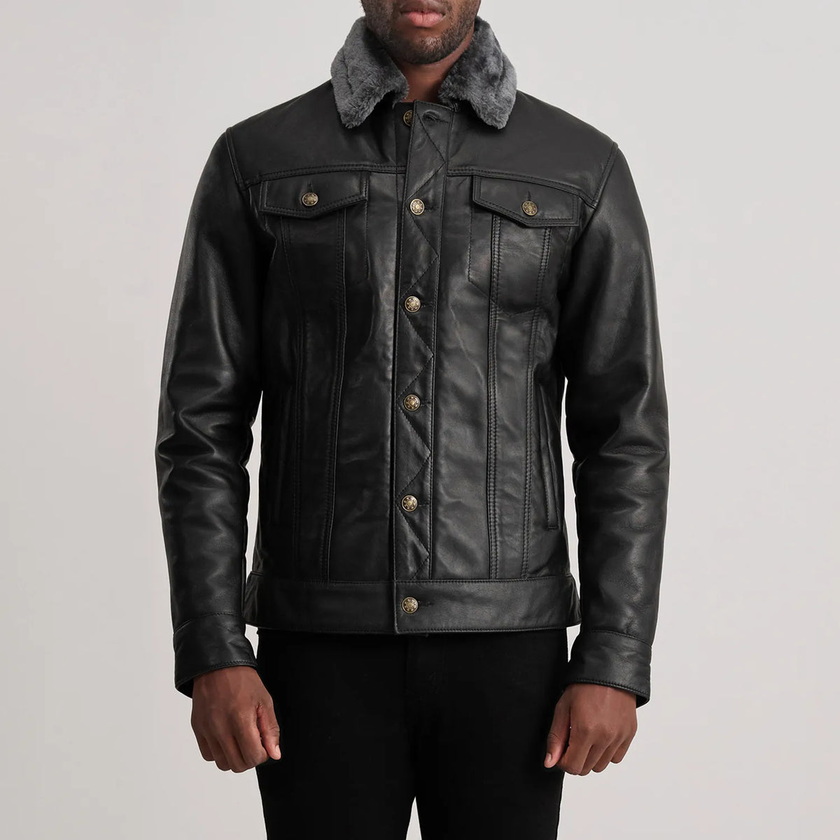 Dallis Black Leather Shearling Trucker Jacket