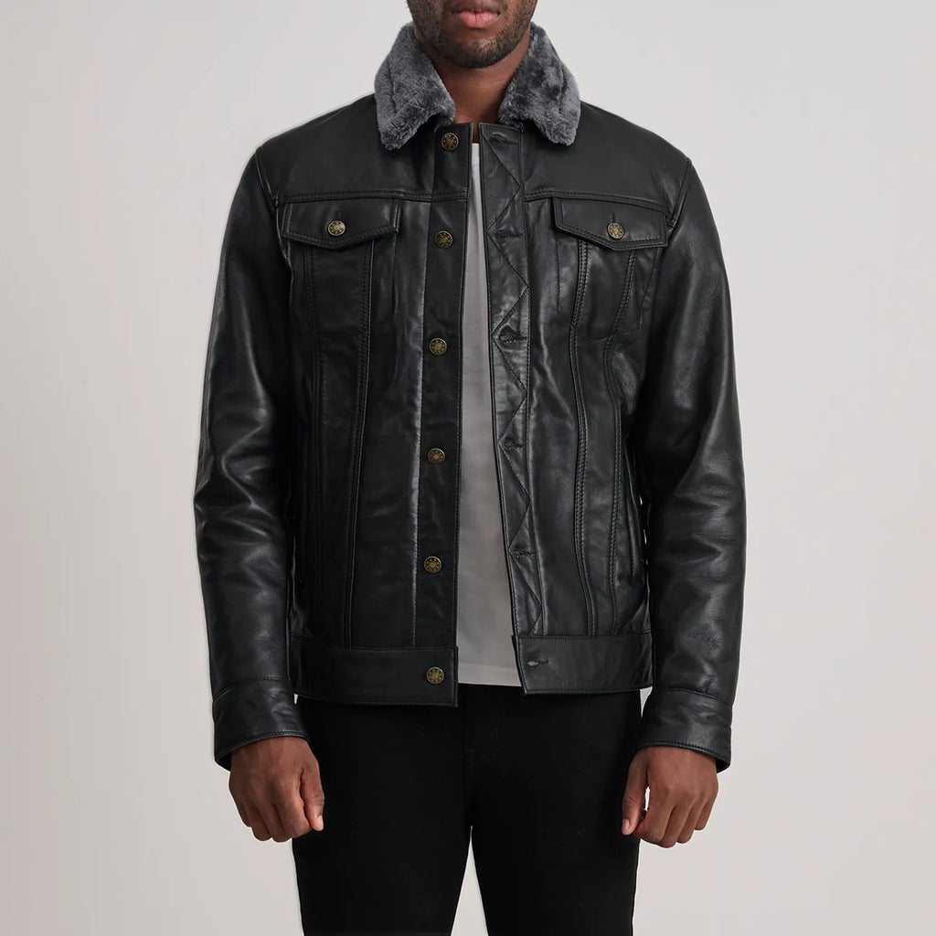 Dallis Black Leather Shearling Trucker Jacket