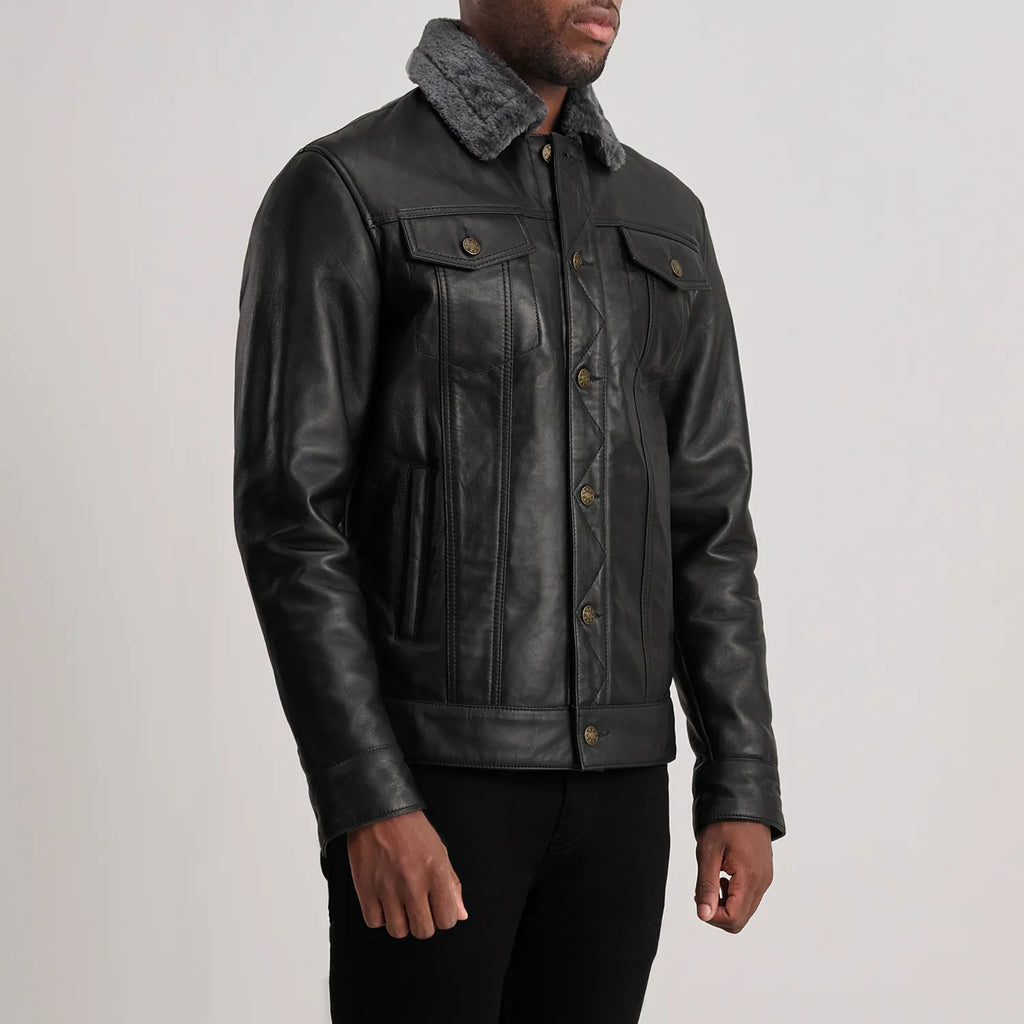 Dallis Black Leather Shearling Trucker Jacket