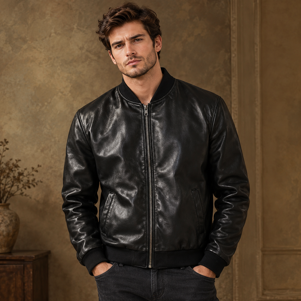 Men’s Black Faux Leather Bomber Jacket – Zip-Up Autumn Jacket