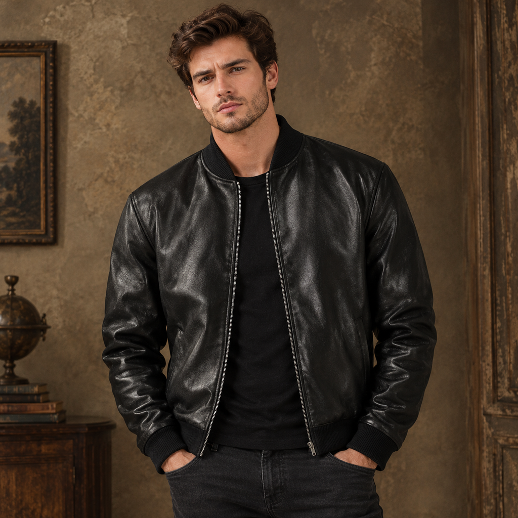 Men’s Black Faux Leather Bomber Jacket – Zip-Up Autumn Jacket