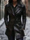 Women’s PU Leather Blazer Jacket – Elegant Single-Breasted Long Sleeve Coat for Fall & Winter