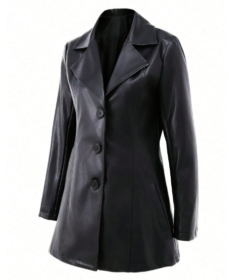 Women’s PU Leather Blazer Jacket – Elegant Single-Breasted Long Sleeve Coat for Fall & Winter