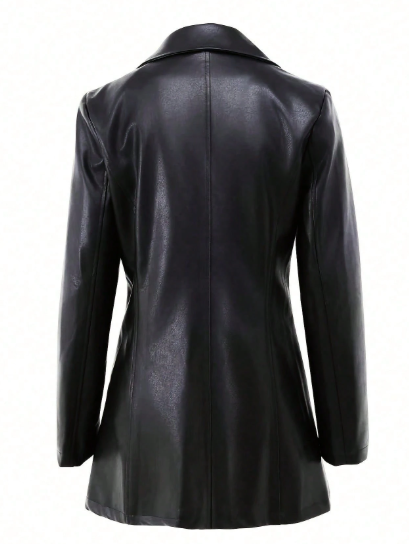 Women’s PU Leather Blazer Jacket – Elegant Single-Breasted Long Sleeve Coat for Fall & Winter