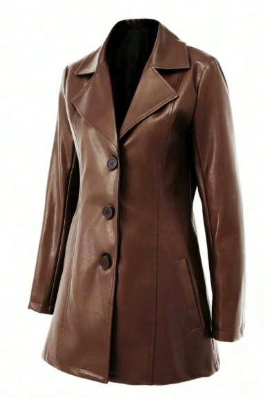 Women’s PU Leather Blazer Jacket – Elegant Single-Breasted Long Sleeve Coat for Fall & Winter