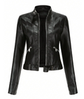 Women's PU Leather Biker Jacket – Slim Fit Stand Collar Zip-Up Jacket for Spring & Fall