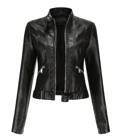 Women's PU Leather Biker Jacket – Slim Fit Stand Collar Zip-Up Jacket for Spring & Fall