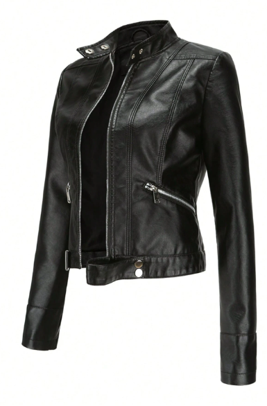 Women's PU Leather Biker Jacket – Slim Fit Stand Collar Zip-Up Jacket for Spring & Fall