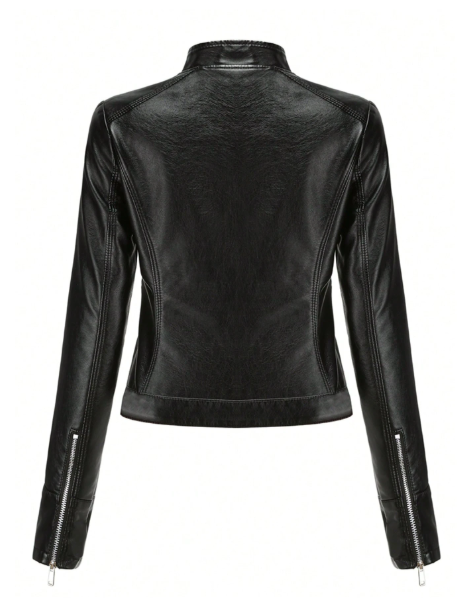 Women's PU Leather Biker Jacket – Slim Fit Stand Collar Zip-Up Jacket for Spring & Fall