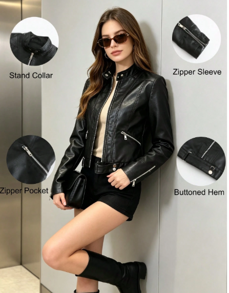 Women's PU Leather Biker Jacket – Slim Fit Stand Collar Zip-Up Jacket for Spring & Fall
