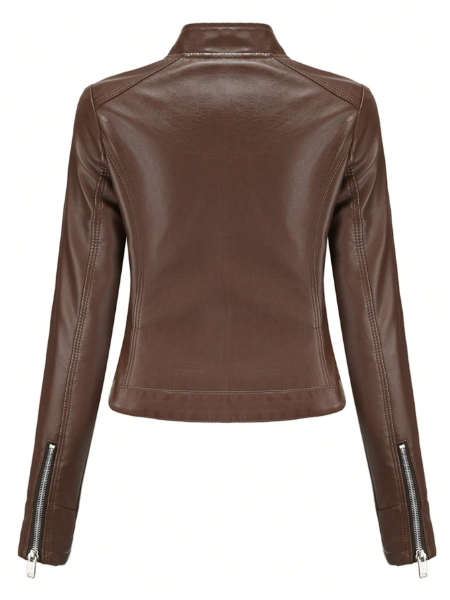 Women's PU Leather Biker Jacket – Slim Fit Stand Collar Zip-Up Jacket for Spring & Fall