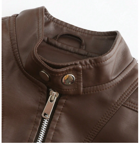 Women's PU Leather Biker Jacket – Slim Fit Stand Collar Zip-Up Jacket for Spring & Fall