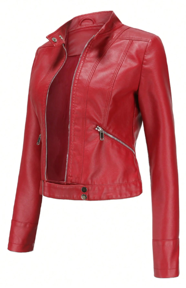 Women's PU Leather Biker Jacket – Slim Fit Stand Collar Zip-Up Jacket for Spring & Fall
