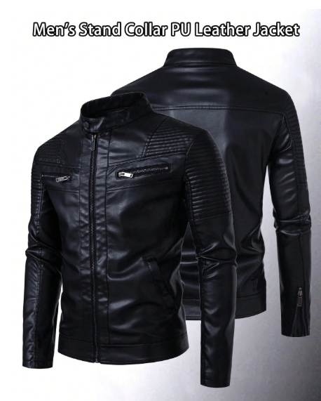 Men’s Black PU Leather Motorcycle Jacket – Stand Collar Slim Fit Zip-Up Biker Jacket