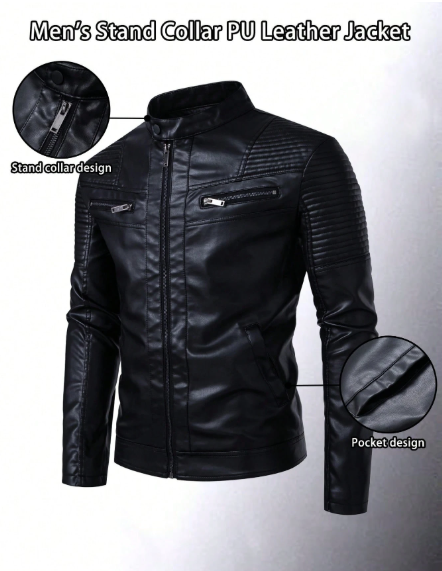 Men’s Black PU Leather Motorcycle Jacket – Stand Collar Slim Fit Zip-Up Biker Jacket