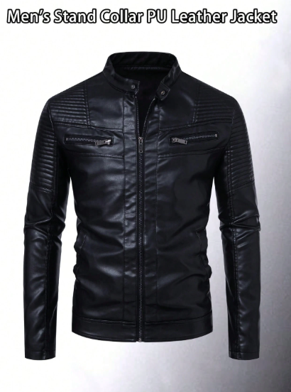 Men’s Black PU Leather Motorcycle Jacket – Stand Collar Slim Fit Zip-Up Biker Jacket