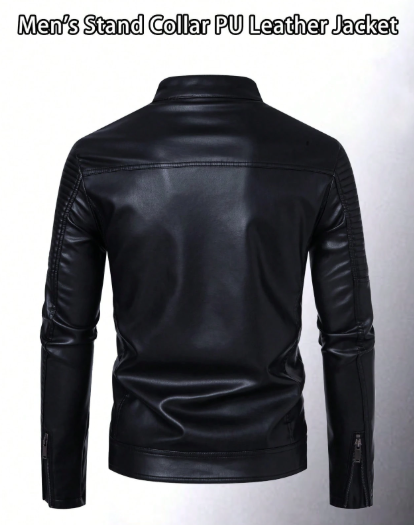 Men’s Black PU Leather Motorcycle Jacket – Stand Collar Slim Fit Zip-Up Biker Jacket
