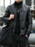 Men's Solid Color Stand Collar Jacket, Fashionable Motorcycle Jacket
