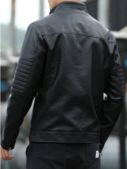 Men's Solid Color Stand Collar Jacket, Fashionable Motorcycle Jacket