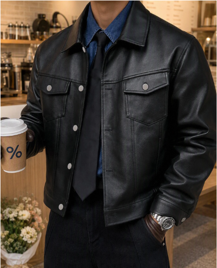 Men's PU Leather Long Sleeve Single-Breasted Jacket With Collar, For Spring, Outdoor
