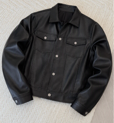 Men's PU Leather Long Sleeve Single-Breasted Jacket With Collar, For Spring, Outdoor