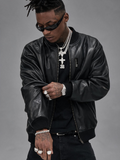 Men's Solid Color PU Leather Long Sleeve Zip-Up Baseball Jacket