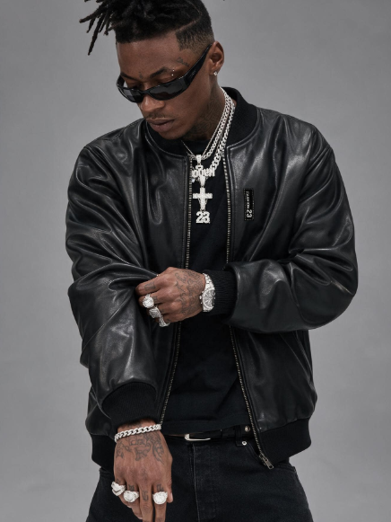 Men's Solid Color PU Leather Long Sleeve Zip-Up Baseball Jacket