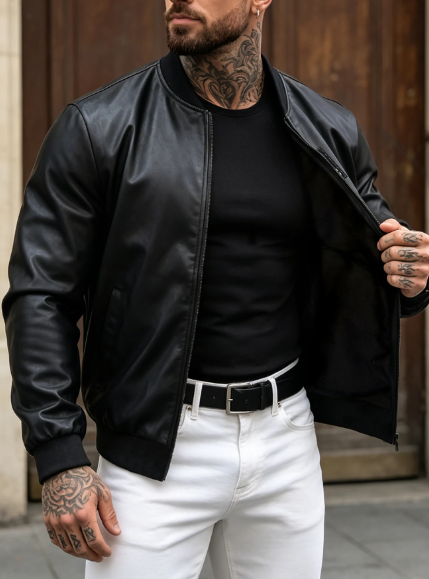 Men's Solid Color PU Leather Long Sleeve Zip-Up Baseball Jacket