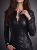 Women's Fashion Slim‑Fit Stand‑Collared Zipper PU Leather Jacket‑Classic Zipper Modern Style Stand‑Collar Biker Jacket, Slim‑Fit PU Leather Jacket