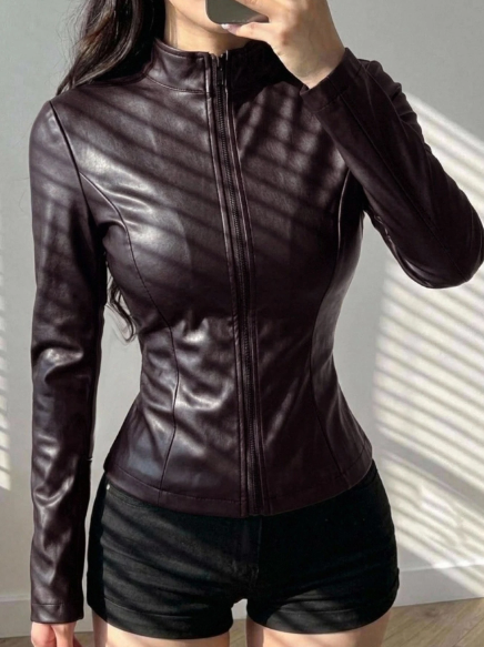 Women's Autumn Brown PU Leather Motorcycle Jacket, Stand Collar, Long Sleeve, Cinched Waist, Slim Fit, Casual Street Outdoor Date Commute Winter