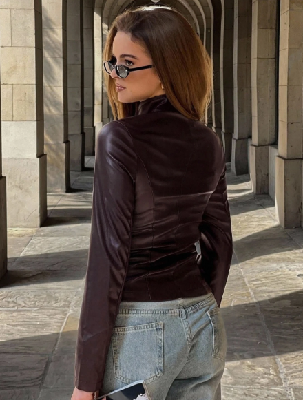 Women's Autumn Brown PU Leather Motorcycle Jacket, Stand Collar, Long Sleeve, Cinched Waist, Slim Fit, Casual Street Outdoor Date Commute Winter