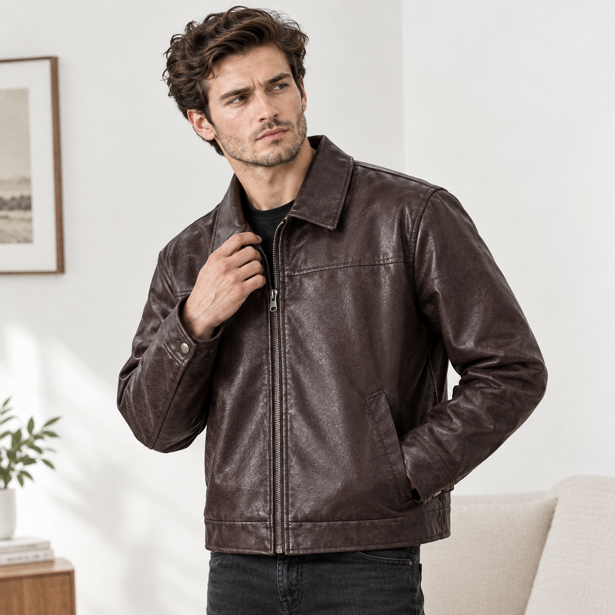 Men’s PU Leather Jacket – Casual Zip-Up Jacket for Everyday Wear