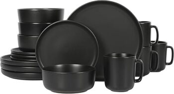 Gibson Home Zuma Stoneware Plates, Bowls, & Mugs Dinnerware Set - Matte Black, Service for Four (16pcs)