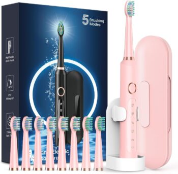 M5 Sonic Electric Toothbrush for Adults - Rechargeable Electric Toothbrush with 8 Brush Heads & Travel Case, Power Electric Toothbrush with Holder, 3 Hours Charge for 120 Days - Pink